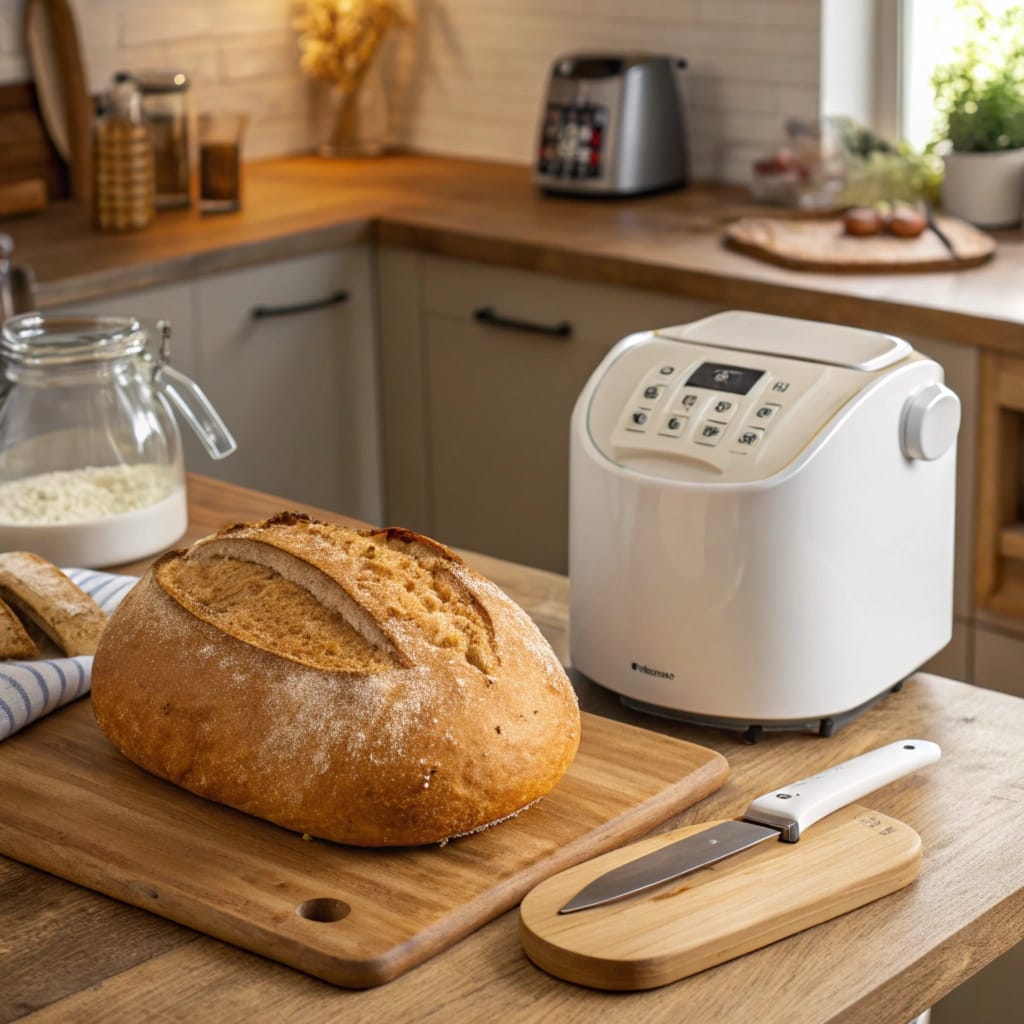 A freshly baked golden cake sits on a wooden board with a red gingham cloth underneath. Slices of toasted bread are arranged on a nearby plate alongside a knife on a wooden cutting board. A white bread machine is displayed on the kitchen counter in the background, surrounded by plants, plates, and warm, cozy kitchen decor. The setting highlights a rustic and inviting atmosphere for baking.