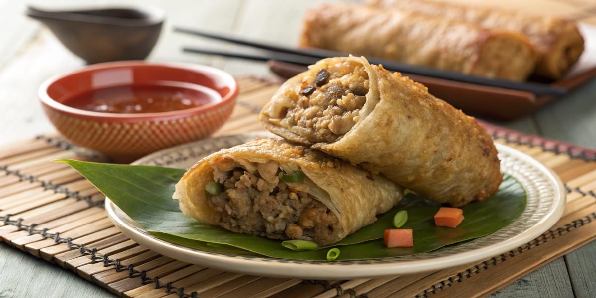 wo crispy spring rolls sliced open to reveal a savory filling of minced meat and vegetables, served on a plate with a banana leaf garnish. A dipping sauce in a red bowl is placed nearby on a bamboo mat.