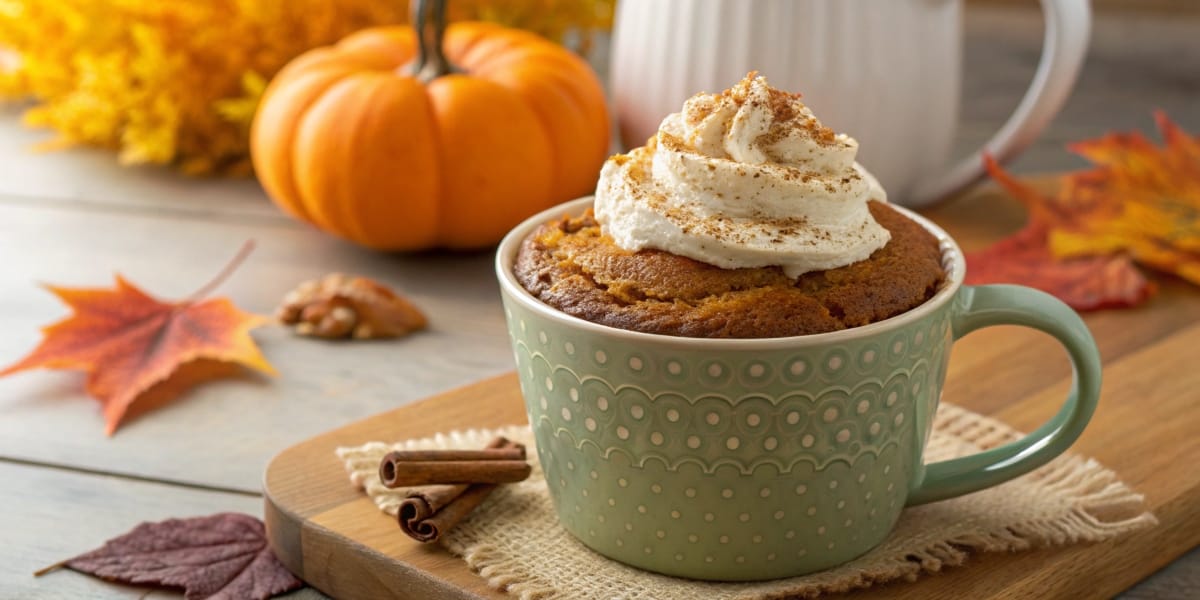 A pumpkin mug cake topped with whipped cream and sprinkled with cinnamon, served in a green polka-dot mug. The background includes an autumn theme with a small pumpkin, colorful leaves, and cinnamon sticks.