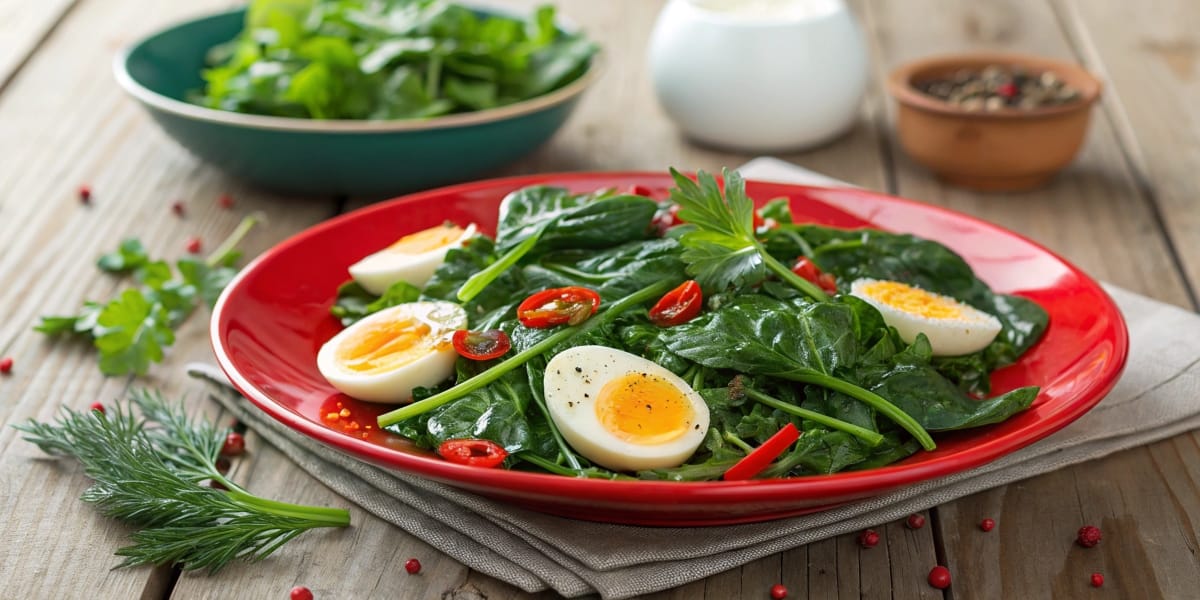 A fresh spinach salad topped with halved boiled eggs, red chili slices, and garnished with parsley, served on a vibrant red plate. Ingredients like fresh herbs and spices are scattered on a rustic wooden table.