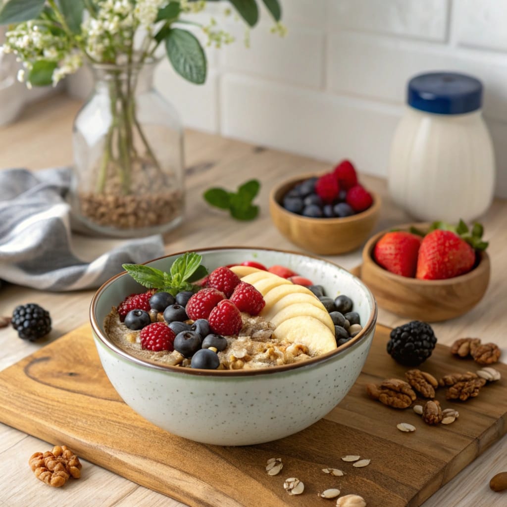 A ceramic bowl filled with oatmeal, topped with fresh banana slices, raspberries, blueberries, blackberries, and garnished with a sprig of mint. The bowl is placed on a wooden board, surrounded by small wooden dishes of strawberries and blueberries, scattered walnuts, oats, and a bottle of milk in the background. The setting exudes a cozy and healthy breakfast vibe.