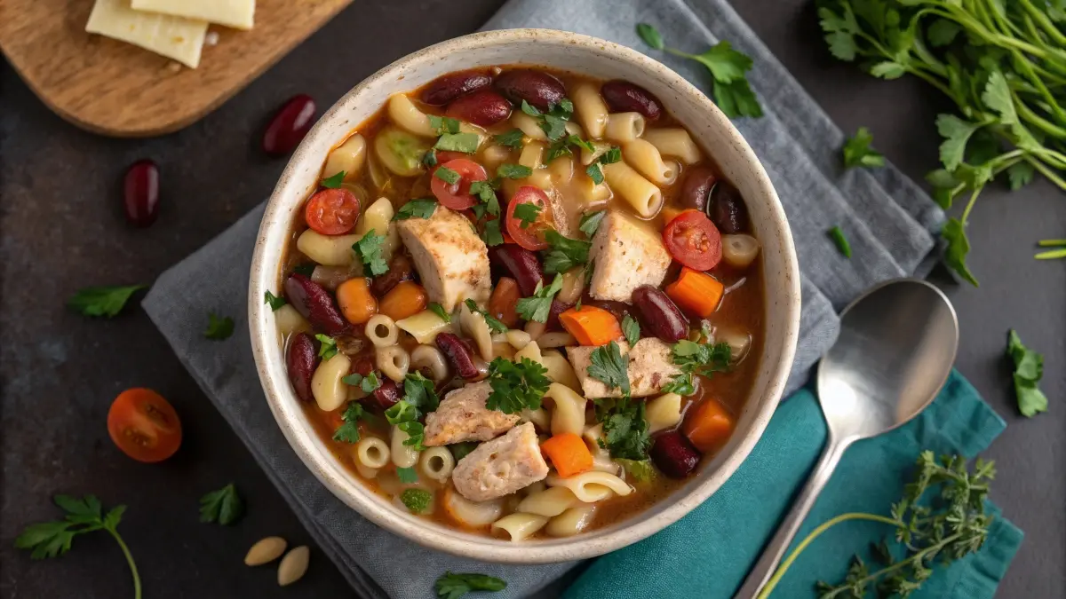 Hearty bowl of chicken pasta fazool with beans, pasta, and herbs.