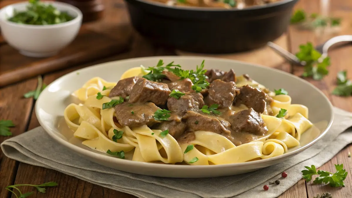 Plate of easy beef stroganoff with noodles and parsley garnish