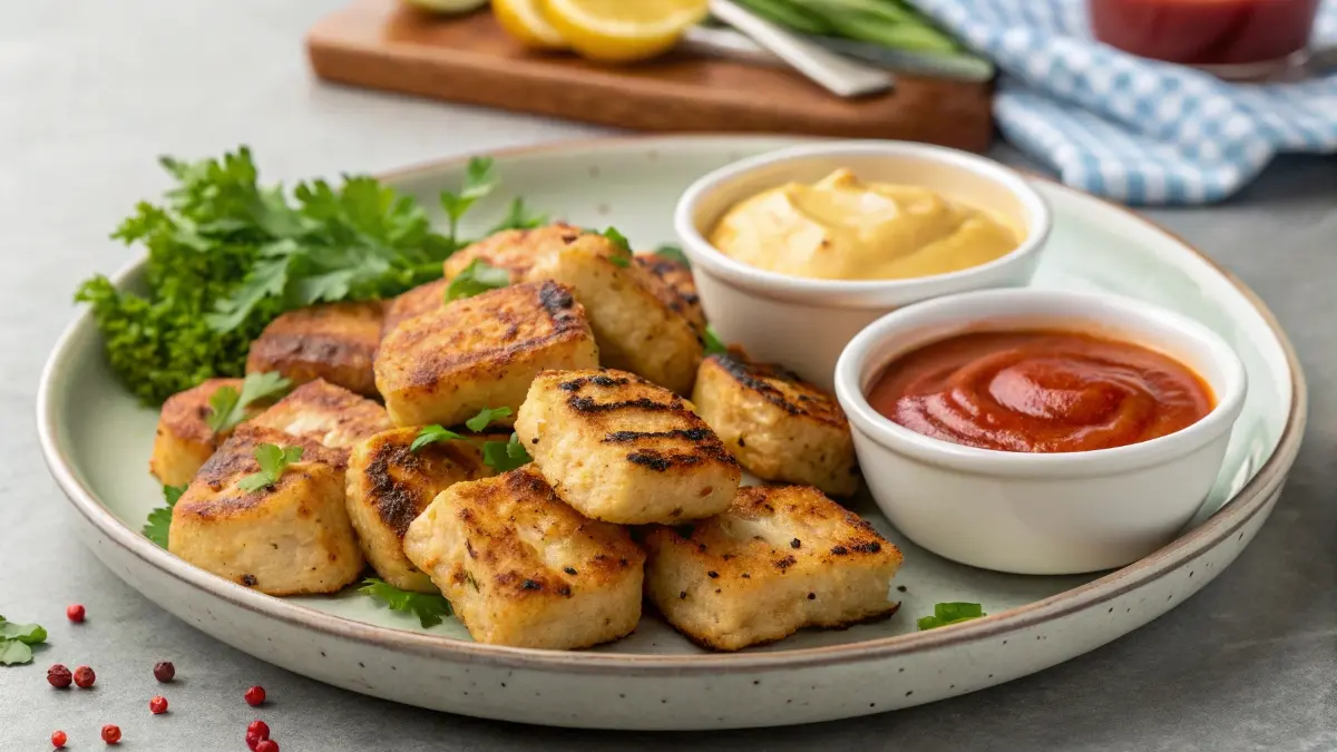 Homemade grilled chicken nuggets with dipping sauces.