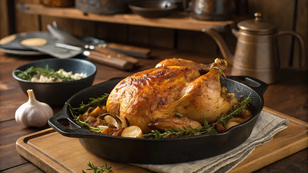 Golden braised chicken with crispy skin in a skillet.