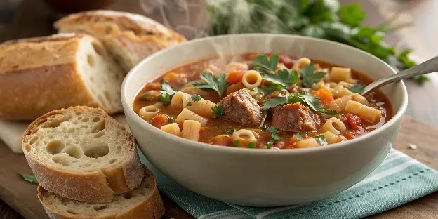  Hearty sausage ditalini soup with bread and herbs.