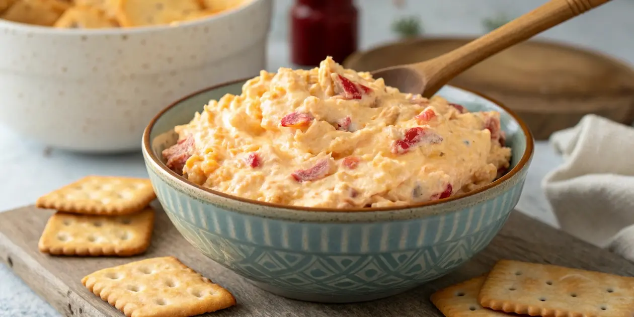 Close-up of old fashioned pimento cheese recipe in a bowl with crackers.