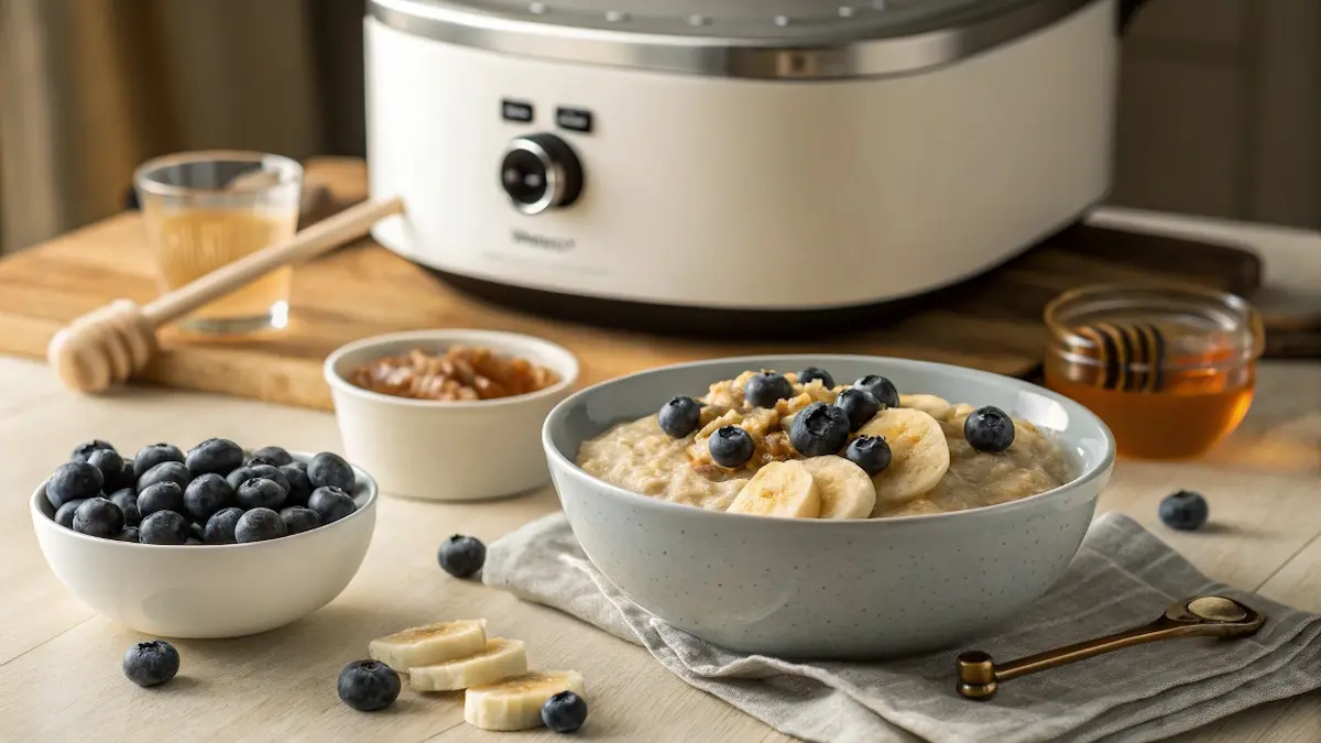 Slow cooker oat bran porridge with fresh fruits and honey