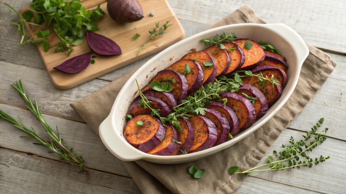 A white ceramic dish filled with thinly sliced roasted sweet potatoes, arranged in a layered pattern and garnished with fresh herbs, placed on a wooden surface with sprigs of rosemary and parsley.