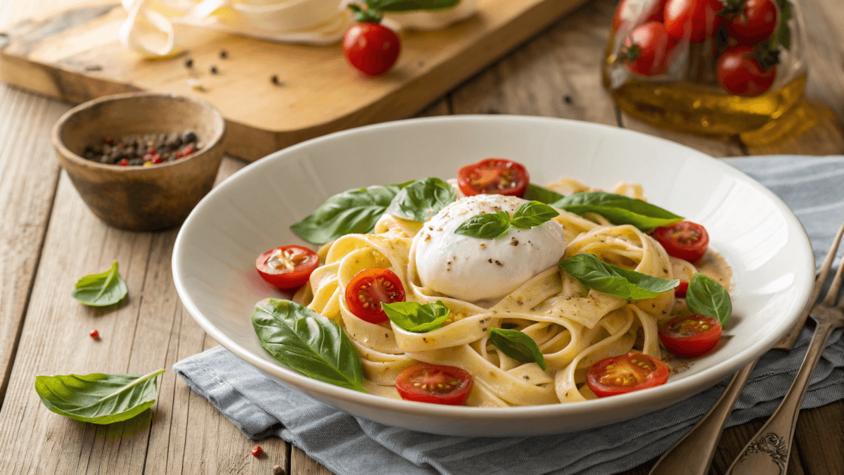 A plate of tagliatelle pasta served with a ball of creamy burrata cheese in the center, surrounded by halved cherry tomatoes and fresh basil leaves. The dish is garnished with cracked black pepper and a light drizzle of olive oil, set on a wooden table with rustic decor, including a bowl of peppercorns and a bottle of olive oil in the background.