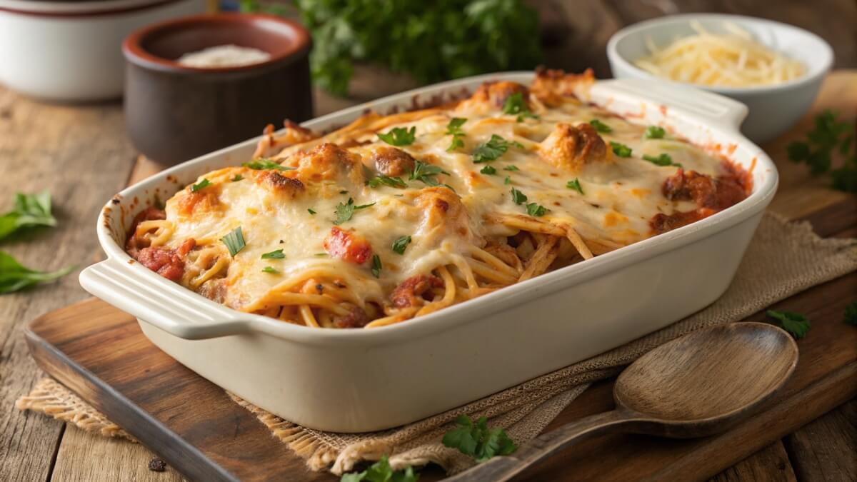 A baked spaghetti casserole in a white dish, topped with melted cheese and garnished with fresh parsley, placed on a rustic wooden surface with a wooden spoon and bowls of grated cheese in the background