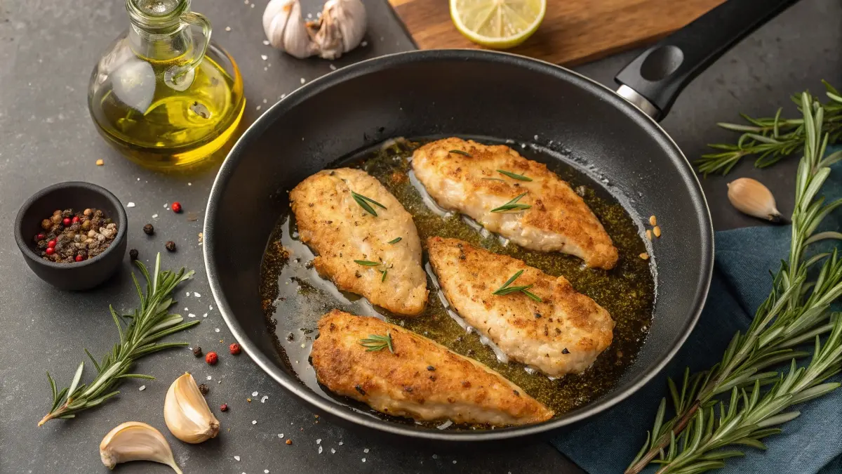 Golden-brown chicken breasts being sautéed in a pan for pasta fazool.