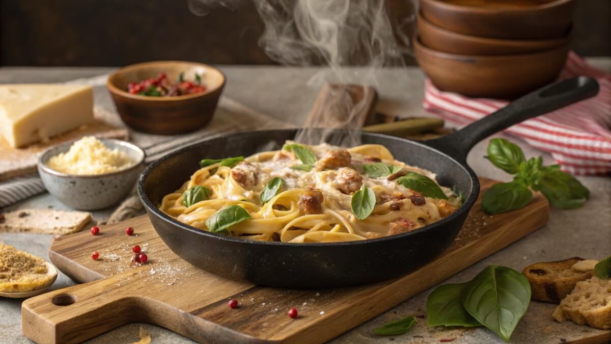 A black skillet filled with steaming fettuccine Alfredo topped with sausage and fresh basil leaves, set on a wooden board with bowls of grated cheese, spices, and bread in the background.