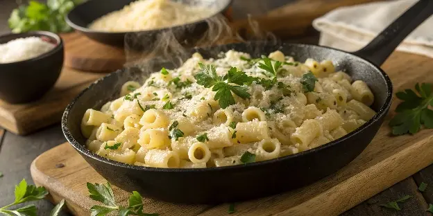 Garlic Parmesan ditalini pasta in a skillet with fresh herbs and cheese.