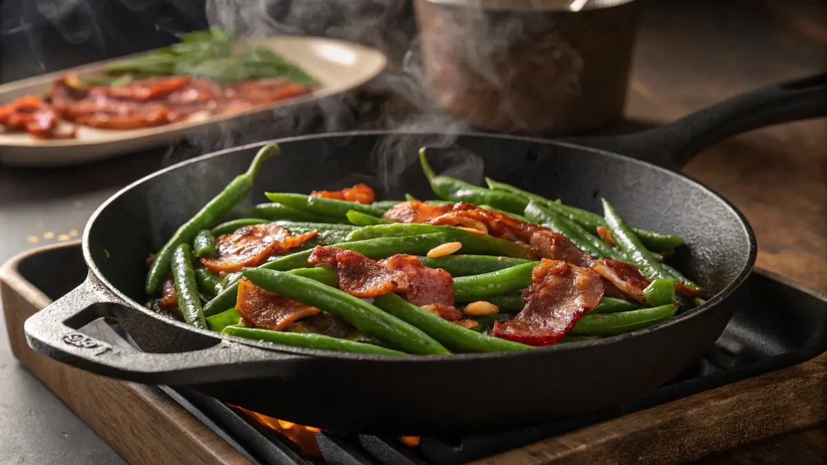 Sautéing crack green beans with bacon and sauce in a skillet on the stovetop.