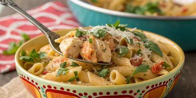 Creamy ditalini pasta with peas, Parmesan, and herbs in a bowl.