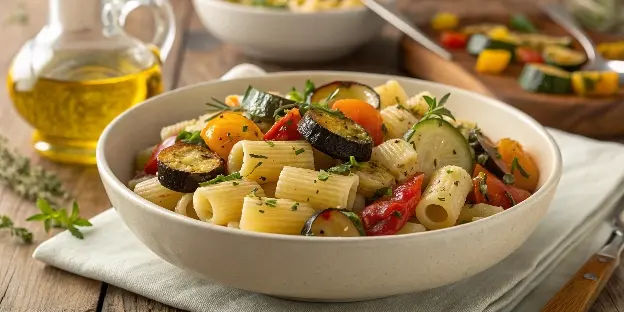 Roasted vegetable and ditalini pasta with olive oil drizzle.