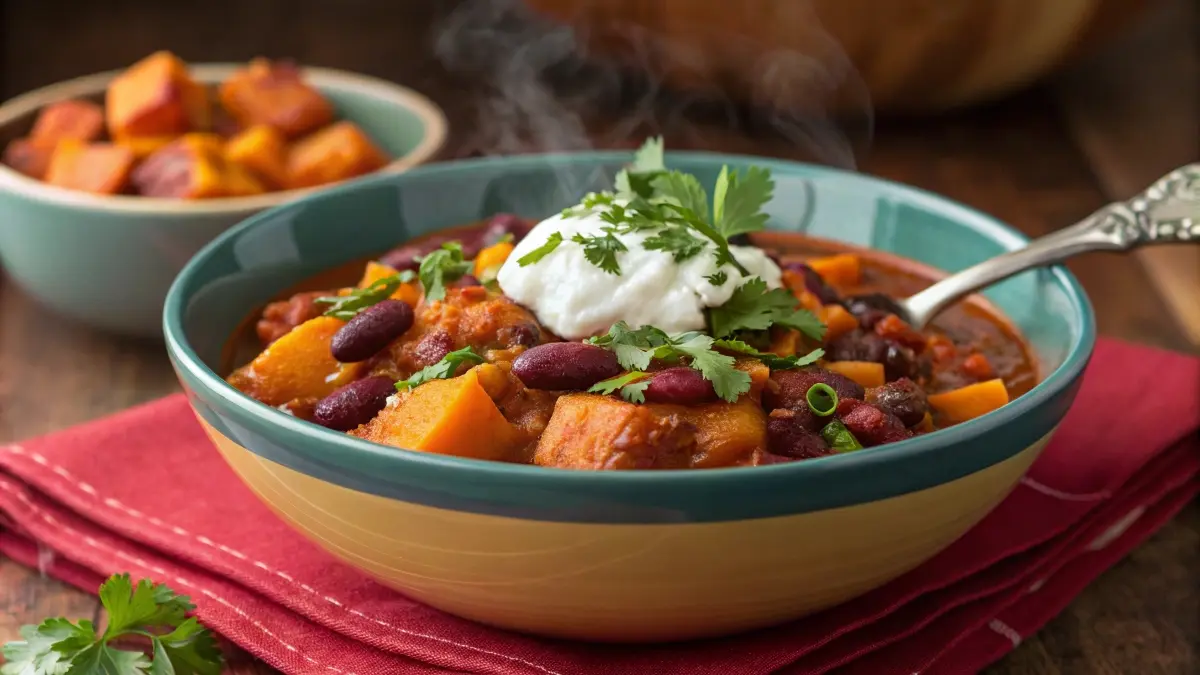 A bowl of butternut squash and kidney bean chili, topped with sour cream and parsley