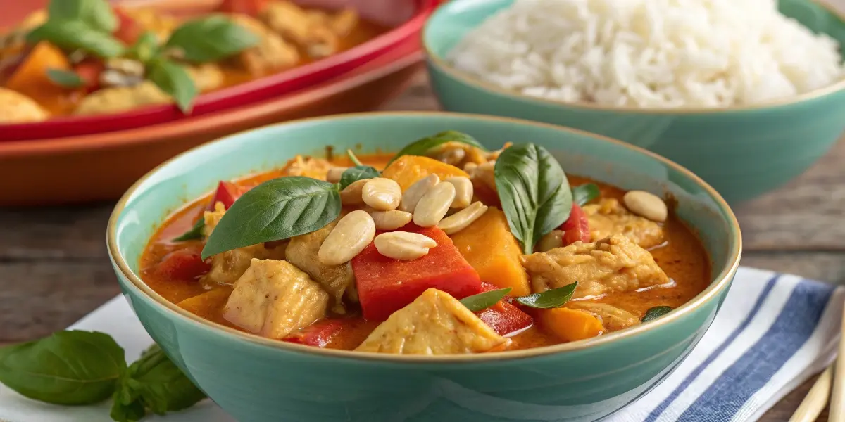 Thai Panang Chicken Curry with peanuts and basil, served with rice.