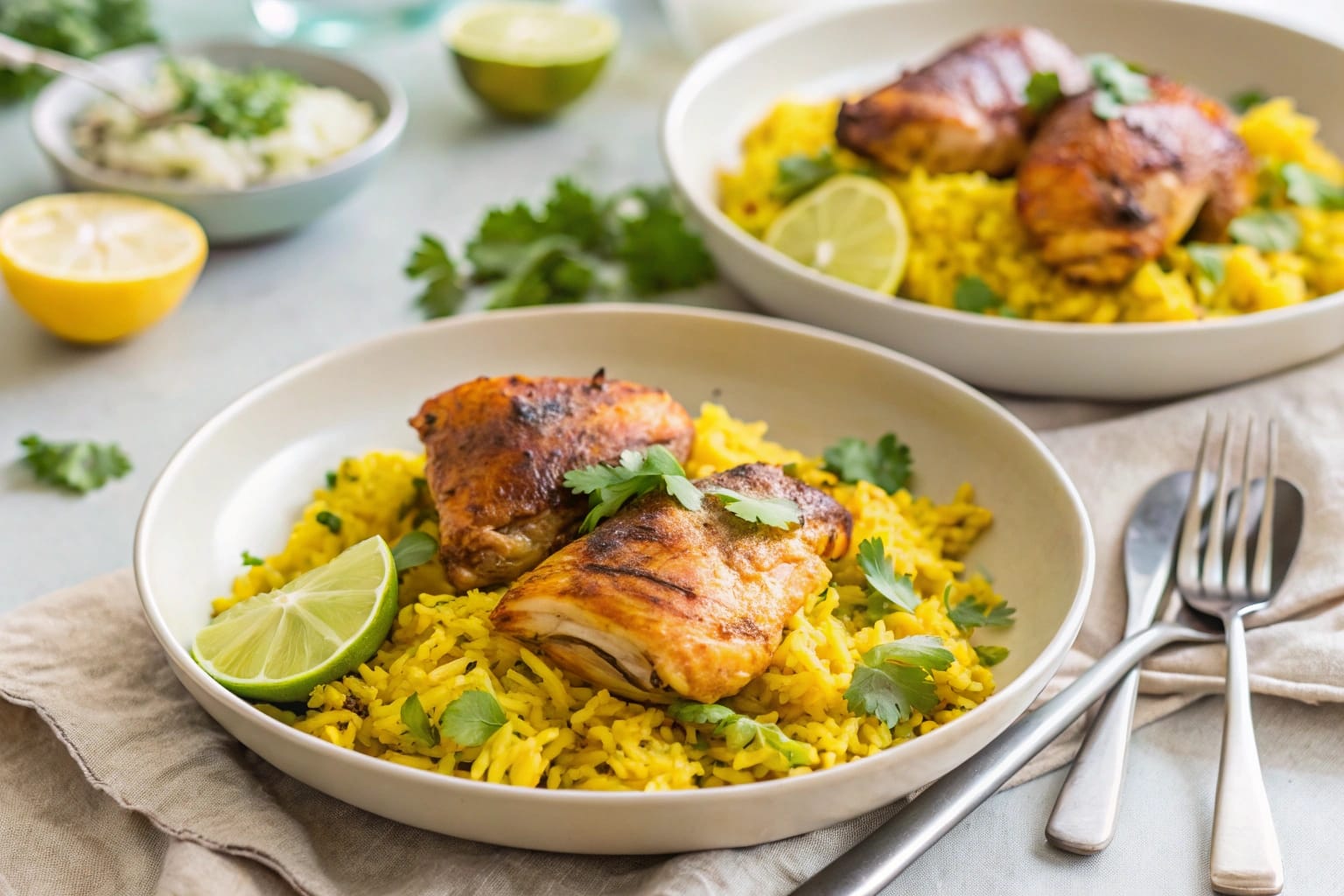 Delicious chicken and yellow rice recipe served with tender chicken thighs and garnished with cilantro.