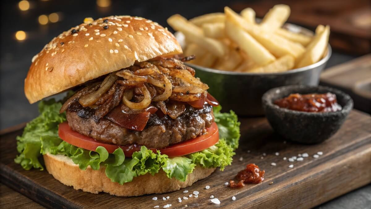 A close-up of a gourmet burger with a sesame seed bun, layered with lettuce, tomato slices, a juicy beef patty, crispy bacon, and caramelized onions, served on a wooden board with a side of golden fries and a small bowl of tomato relish.