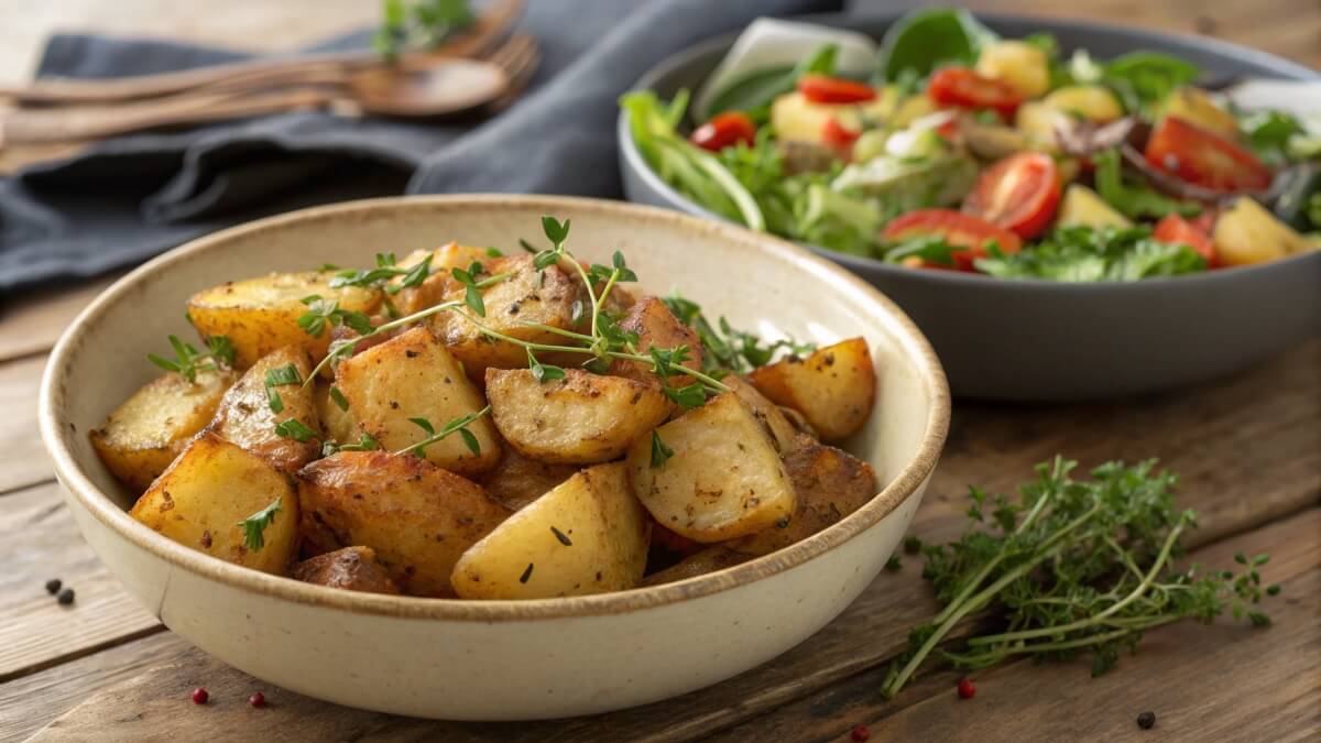 A bowl of golden roasted potato wedges seasoned with herbs, placed on a wooden table. In the background, a fresh salad with cherry tomatoes and a bowl of mixed vegetables add a colorful touch