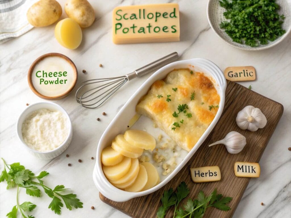 Ingredients for scalloped potatoes with cheese powder on a marble countertop