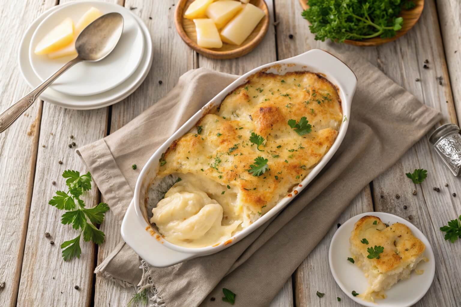 Overhead view of golden-brown scalloped potatoes with fresh parsley garnish.