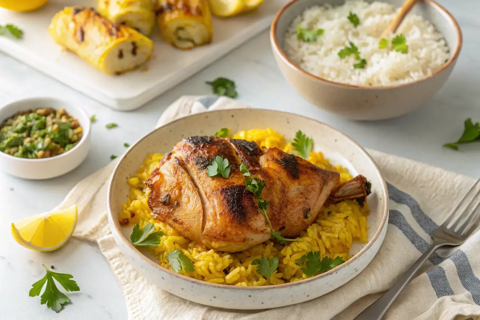 Grilled chicken inasal with steamed rice and pickled papaya on a white plate