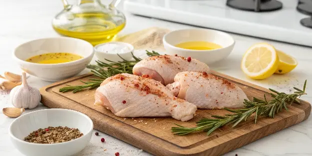 Seasoned raw chicken and vibrant fresh ingredients laid out neatly, ready for braising.