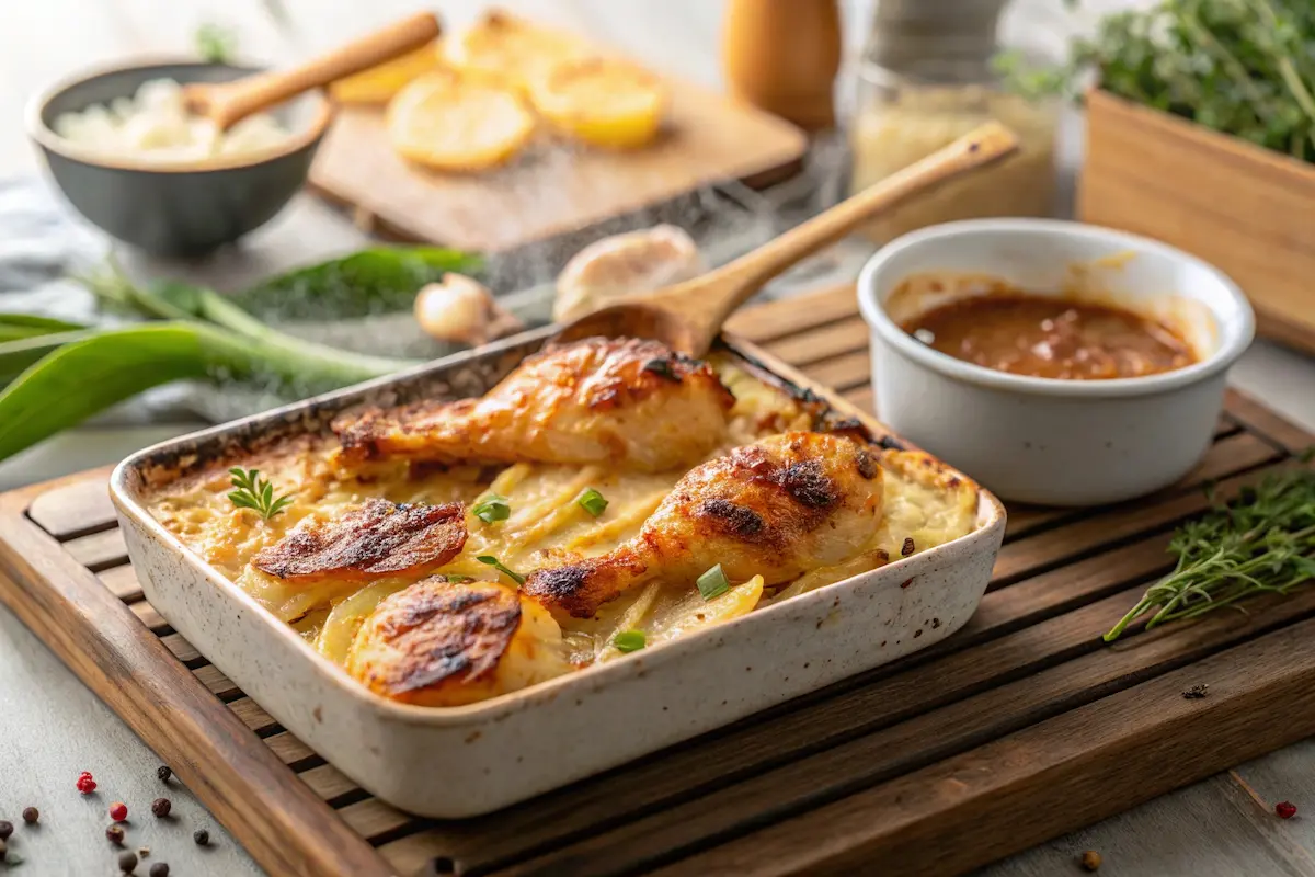 Creamy scalloped potatoes with cheese powder, golden-brown crust, fresh herbs garnish.