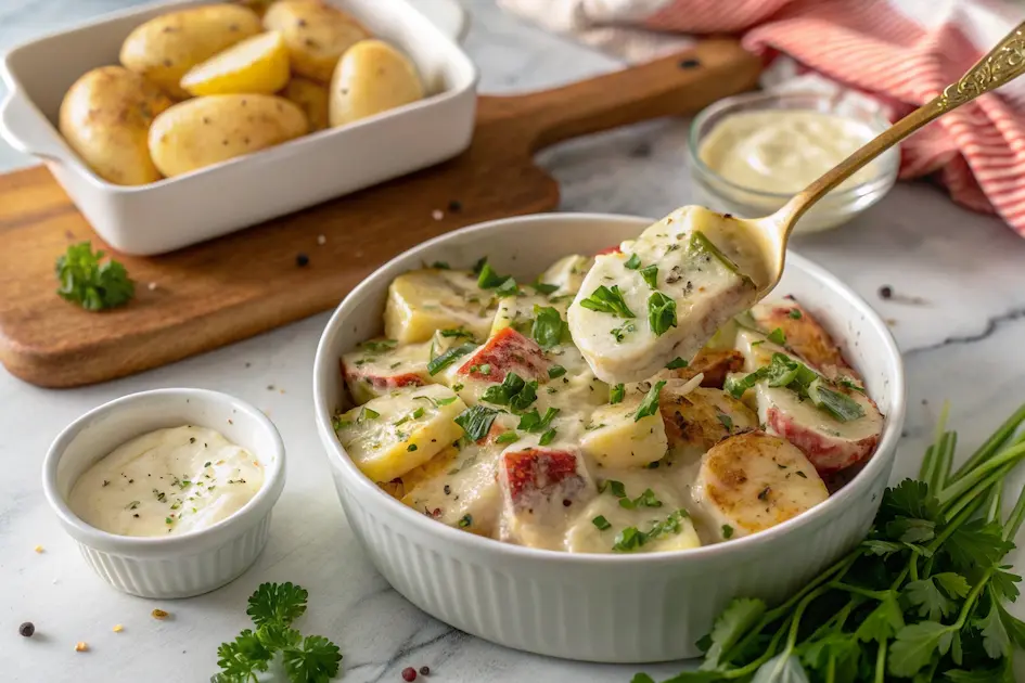 Fresh Ozette potato salad with creamy dressing, garnished with herbs and pepper.