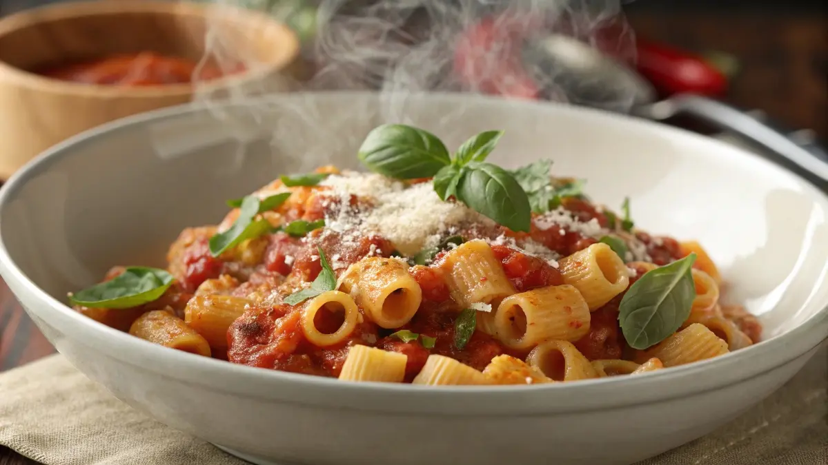 Delicious ditalini pasta with tomato sauce and fresh basil